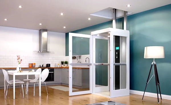 Home lift with open door in kitchen