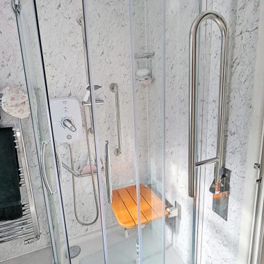 AFTER: Mobility bathroom with walk-in shower and seated bathing