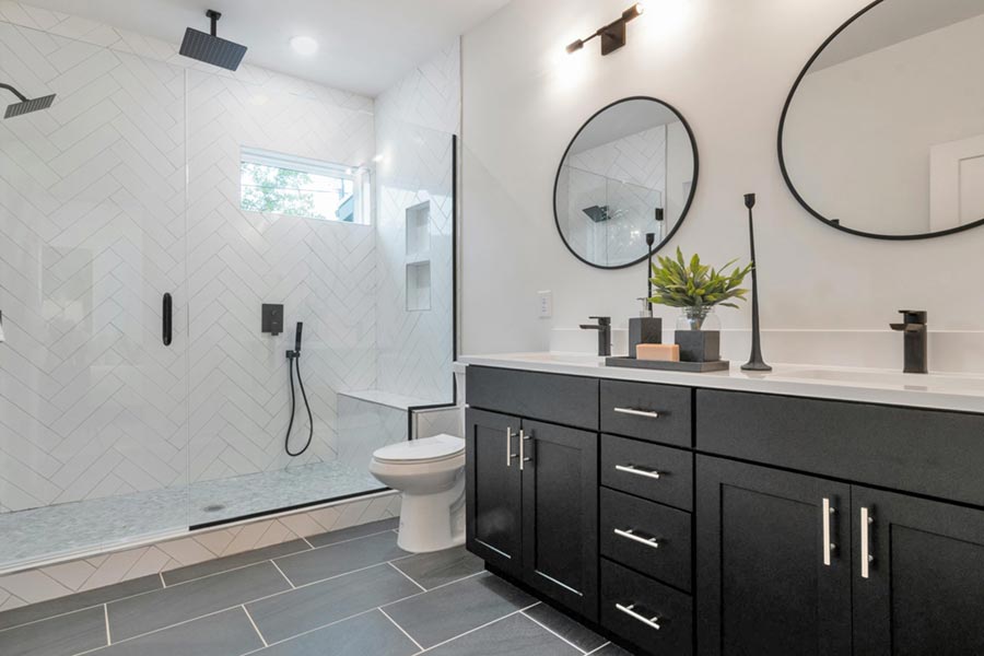 White bathroom with a walk-in shower