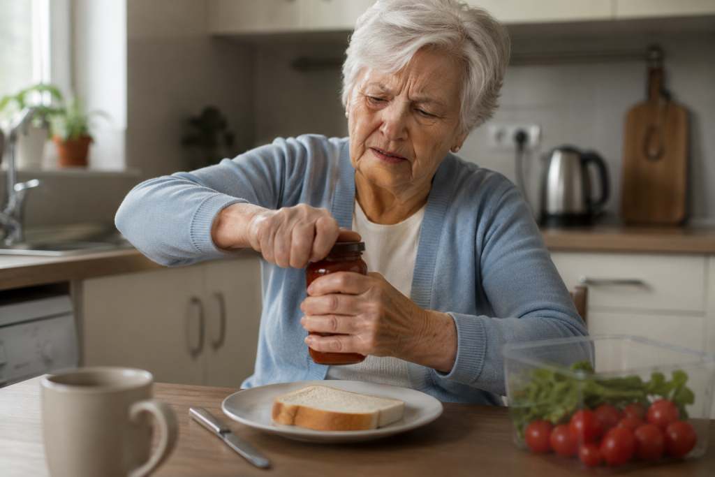 Edlerly person struggling to prepare food
