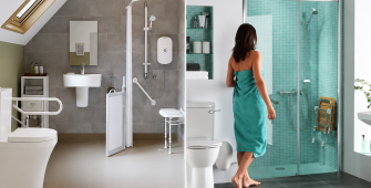Comparison photo of walk-in shower vs wet room