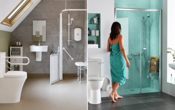Comparison photo of walk-in shower vs wet room