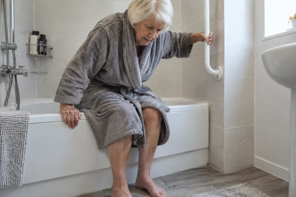 Hospital Discharge Support: How Home Adaptations Can Help 2 Elderly individual struggling out the bath.