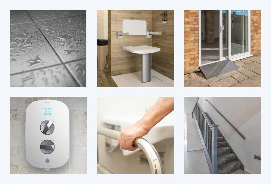 other-accessibility-solutions-900a Mobility features including slip-resistant flooring, folding shower seats, thermostatic shower controls, grab rails, access ramps and stair widening.