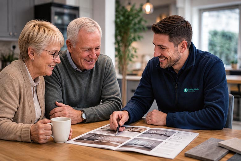 planning-ahead-780a An older couple discussion home adaptation designs.