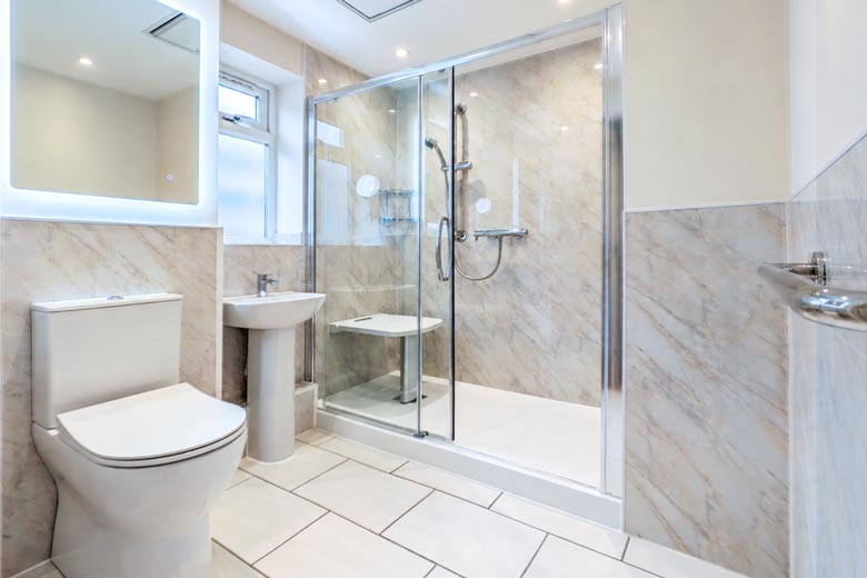 walk-in-shower-780 Walk-in shower in a renovated accessible bathroom.